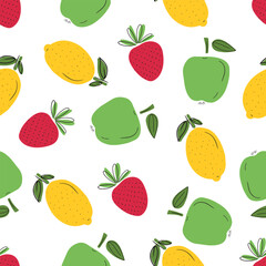 Beautiful seamless pattern with juicy fresh fruits: strawberry, apple, lemon on white background. HAnd drawn vector cartoon sketch flat illustrations. Concept of harvest, kitchen, garden, spring.