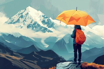 Person standing on mountain peak with umbrella, versatile image for various concepts