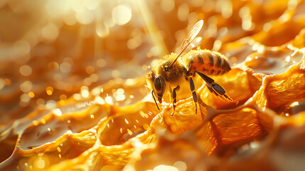 busy bee working on honeycomb to make honey