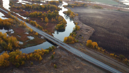 autumn, highway, bridge over the river