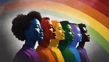 queer people on the background of the lgbt flag, shadows and silhouettes, equal rights, pride month