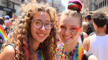 Two beautiful young women attended the New York City pride event. They were wearing rainbow colored accessories and smiling for the camera. One woman had long curly hair with glasses,Generative AI