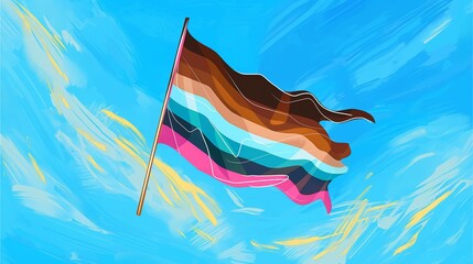 A rainbow flag with black, brown and white stripes is flying against the blue sky in the style of unknown artist,Generative AI illustration.