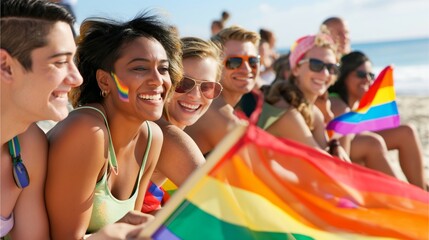 A diverse group of people, including gay and lesbian couples, neutralcolored women in their late thirties with short hair wearing colorful holding rainbow flags smiling,Generative AI illustration.