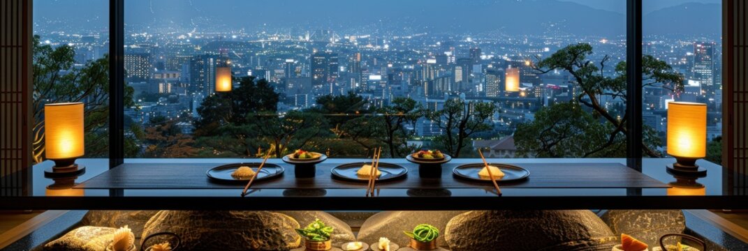 Fototapeta Elegant dining room with city view at night