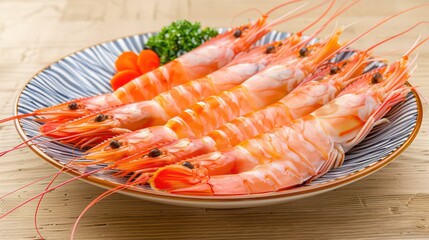 wallpaper of a giant food shrimp in a plate over a wooden table, realistic and appealing
