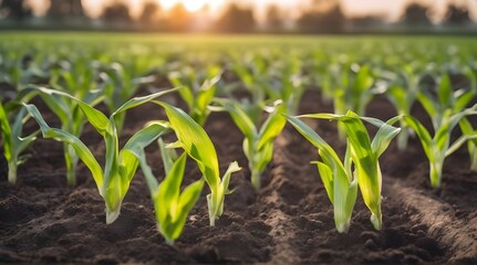 Agriculture Farmer are working in young green corn growing on the field at sun rises in the morning Growing young green corn seedling sprouts in cultivated agricultural farm field.  generative.ai