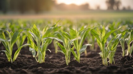 Agriculture Farmer are working in young green corn growing on the field at sun rises in the morning Growing young green corn seedling sprouts in cultivated agricultural farm field.  generative.ai