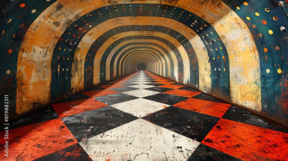 Sticker A tunnel with a checkered floor and red, white and black tiles, AI