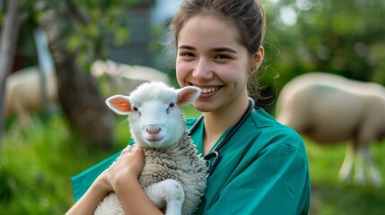 A veterinarian holding a young lamb