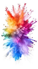 Dynamic horizontal rainbow powder splash design, featuring a burst of vibrant colors against a clean white backdrop. 