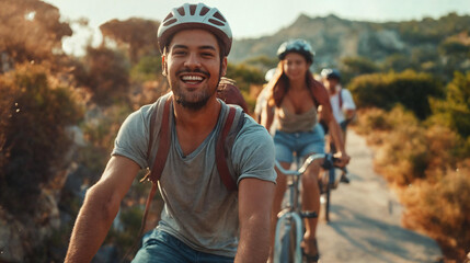 Happy friends riding bicycles outside, healthy lifestyle fun concept - Powered by Adobe