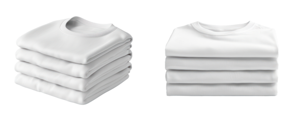 Set of white folded t-shirts, stacked on transparent background cutout, PNG file. Mockup template for artwork graphic design