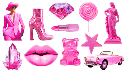 Set of pink fashion objects and model on png background. Ideal set for moodboards design and collage art. Pink aesthetic trends.