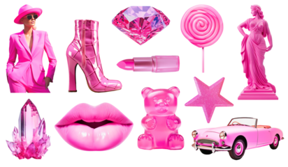 Set of pink fashion objects and model on png background. Ideal set for moodboards design and collage art. Pink aesthetic trends.