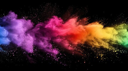 Horizontal rainbow powder explosion design with copyspace, suitable for use in promotional materials or advertising campaigns.