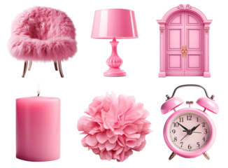 Set of pink fashion home decor objects on png background. Ideal set for design and collage art. Pink aesthetic trends.