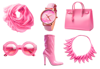 Set of pink fashion accsessories on png background. Ideal set for design and collage art. Pink aesthetic trends.