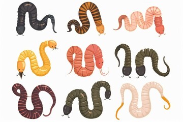 Fototapeta premium Different types of worms on a white background, suitable for educational purposes