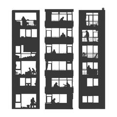Fototapeta premium Silhouette Windows of home apartments show people activities black color only