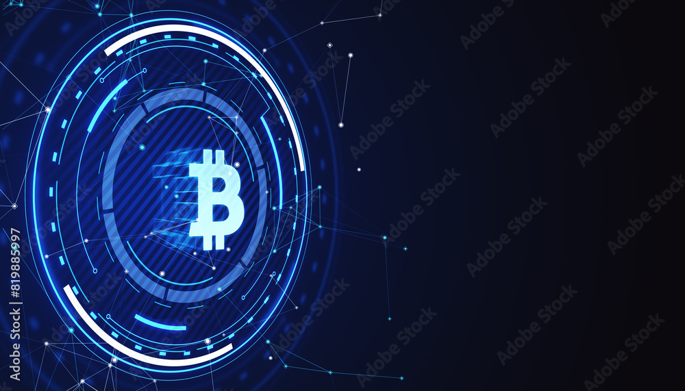 Poster a bitcoin symbol in digital style on a dark blue technological background, representing the concept 