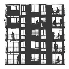 Silhouette Windows of home apartments show people activities black color only