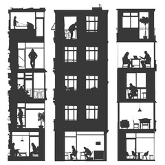 Silhouette Windows of home apartments show people activities black color only