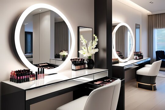 Modern makeup room with interior, Luxury mirror, Cosmetics
