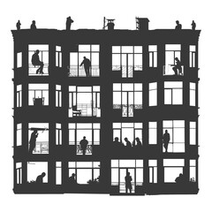 Fototapeta premium Silhouette Windows of home apartments show people activities black color only