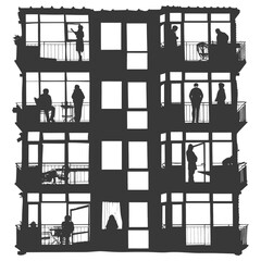 Fototapeta premium Silhouette Windows of home apartments show people activities black color only