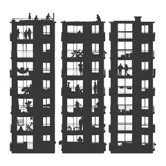 Silhouette Windows of home apartments show people activities black color only