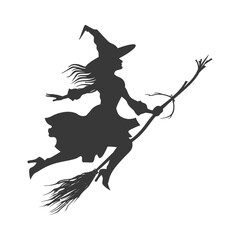Fototapeta premium Silhouette witch flies on a magic broomstick black color only