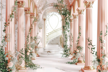 A room with a large archway and flowers