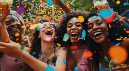 A group of friends laughing and smiling while surrounded colorful confetti, creating an atmosphere filled with joy during the festival.