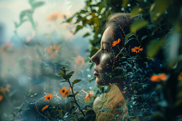 A woman is surrounded by flowers and leaves, with her face partially hidden. The image has a dreamy, ethereal quality, with the woman appearing to be in a garden or a fairy tale setting