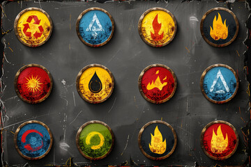 A collection of symbols including fire, water, and sun. The symbols are all different colors and sizes