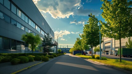 industrial factory park background, realistic image with blue sky
