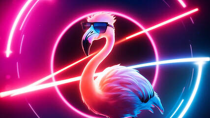 cool glowing flamingo with sunglass on the neon glowing background,  AI Generative