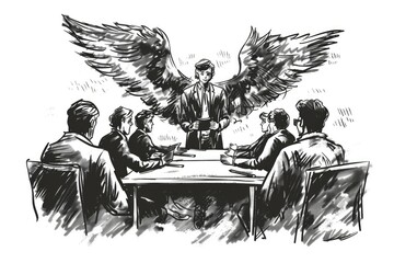 Black and white drawing of a man addressing a crowd, suitable for business presentations or educational materials