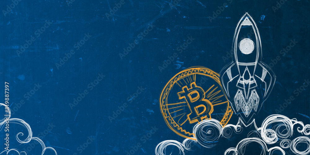 Poster A hand-drawn rocket and Bitcoin icon on a blue chalkboard, representing the concept of cryptocurrency launch. 3D Rendering