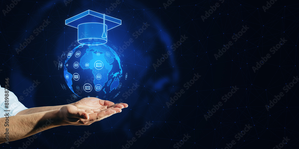 Poster a hand presenting a digital hologram of a globe with icons and a graduation cap, on a network connec