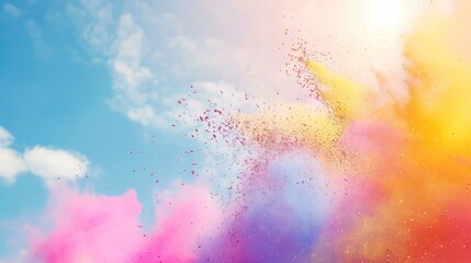 Vibrant splashes of colorful powder filling the air against a bright, sunny sky, reminiscent of the...