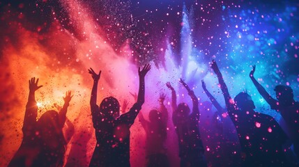 Silhouettes of people joyfully tossing colorful powder into the air, creating a magical and enchanting scene against a radiant background. 