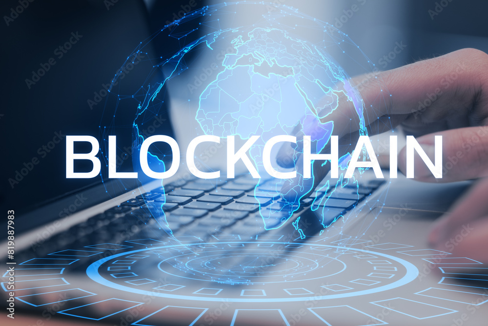 Poster fingers typing on a laptop with blockchain text and digital world map hologram, symbolizing technolo