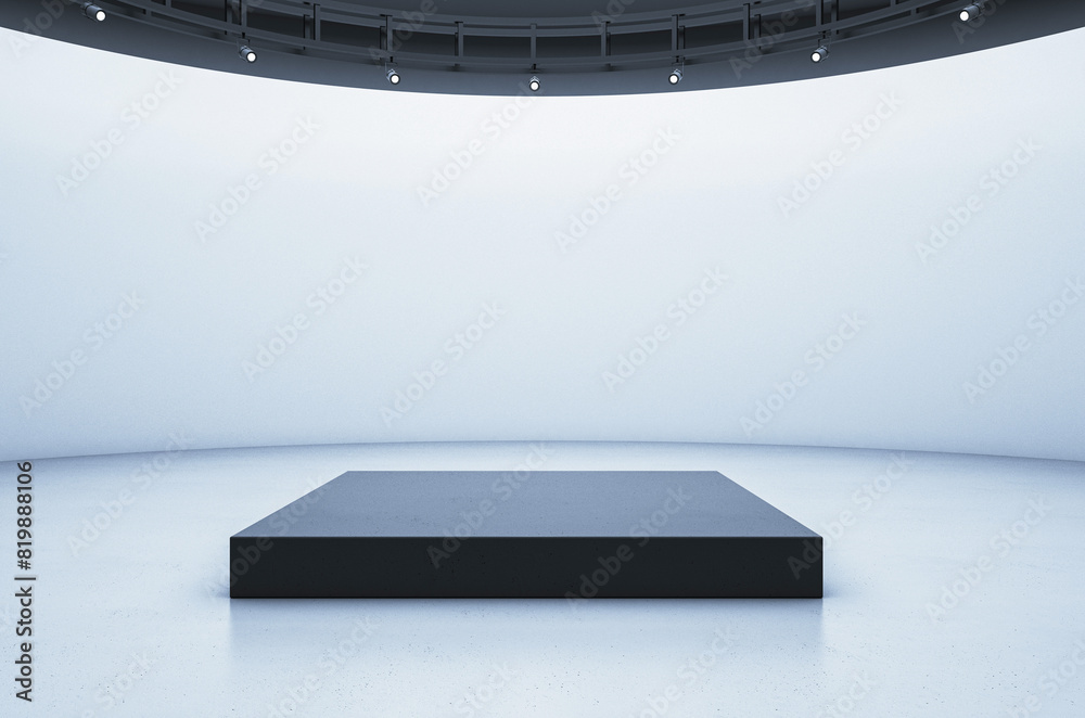 Poster a modern exhibition room with an empty black podium on a plain white background, concept for product