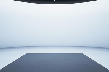 An empty exhibition space with a pedestal, featuring a modern and minimalist design, set against a plain studio background, concept of a product presentation. 3D Rendering