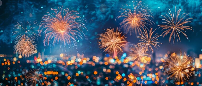 Background with fireworks and a cityscape for New Years Eve, with copy space