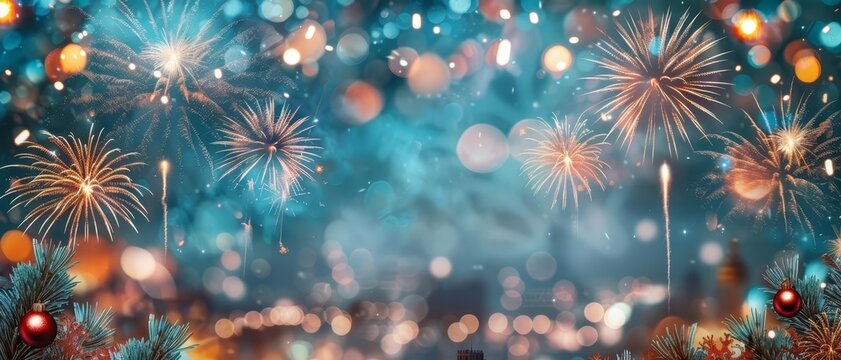 Background with fireworks and a cityscape for New Years Eve, with copy space