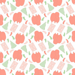 Holiday repeat pattern. Playful and decorative seamless pattern featuring stylized coral balloons, hats with stars and certificate. Vector hand drawn flat endless background illustration.