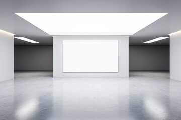 Empty white canvas on a wall in a bright gallery space with minimalist design, concept of modern art exhibition. 3D Rendering